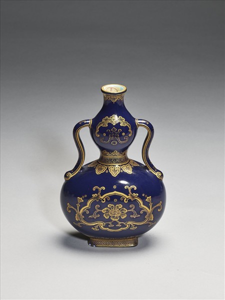 霽青釉描金花卉紋葫蘆扁瓶