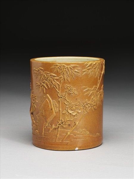 仿雕竹黃釉竹紋筆筒