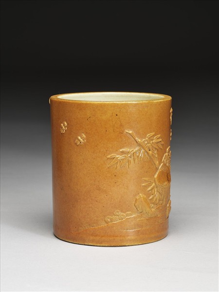 仿雕竹黃釉竹紋筆筒