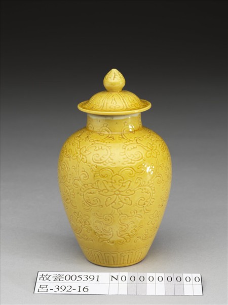 黃釉劃花番蓮紋蓋罐