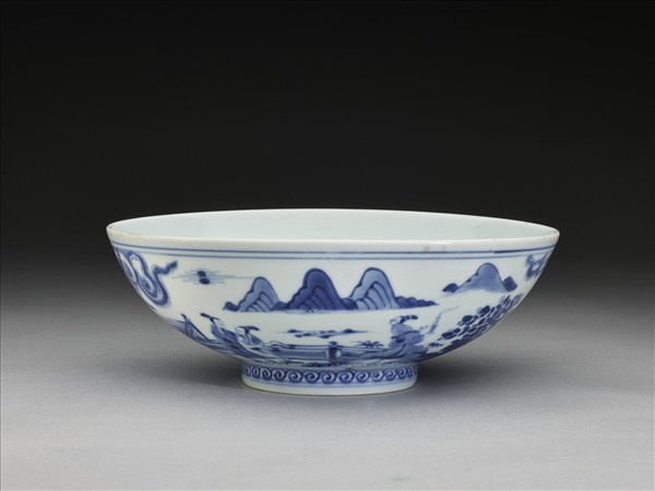 青花山水仕女圖碗