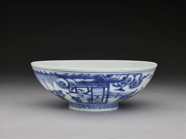 青花山水仕女圖碗