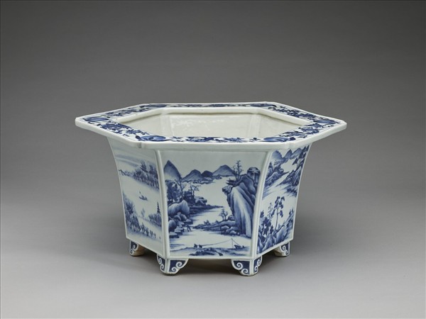 青花山水人物圖六方花盆