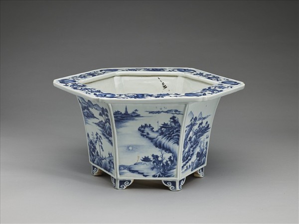 青花山水人物圖六方花盆