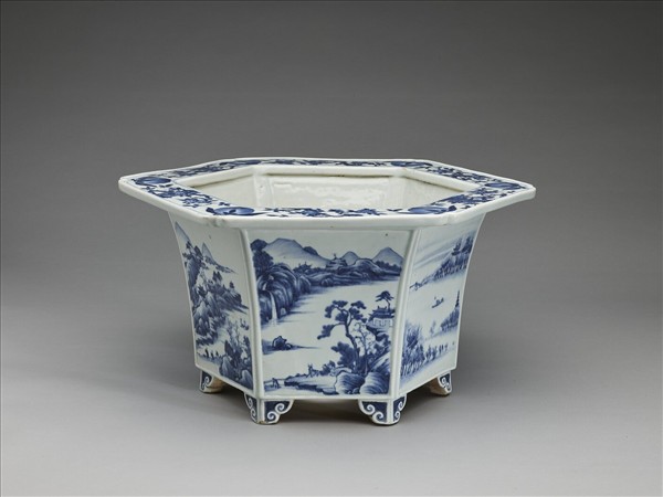 青花山水人物圖六方花盆