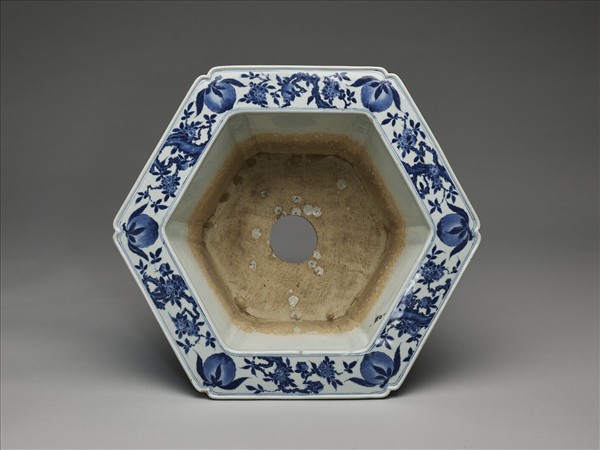 青花山水人物圖六方花盆