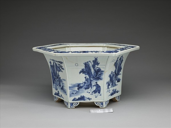 青花山水人物圖六方花盆