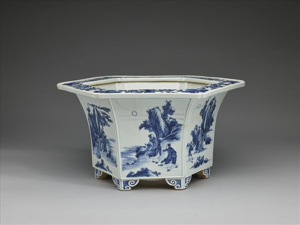 青花山水人物圖六方花盆