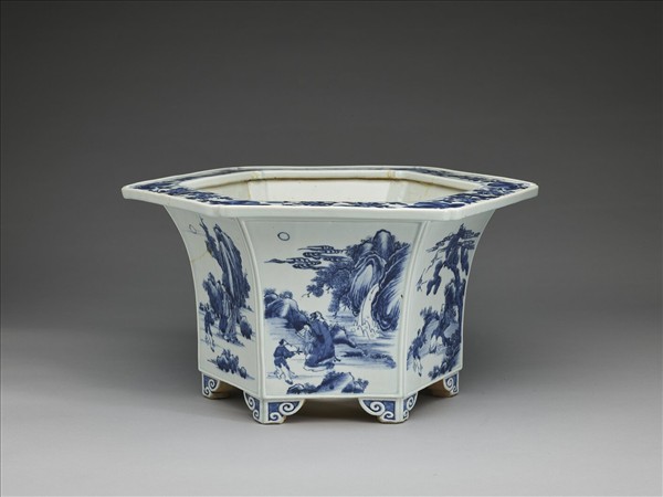 青花山水人物圖六方花盆