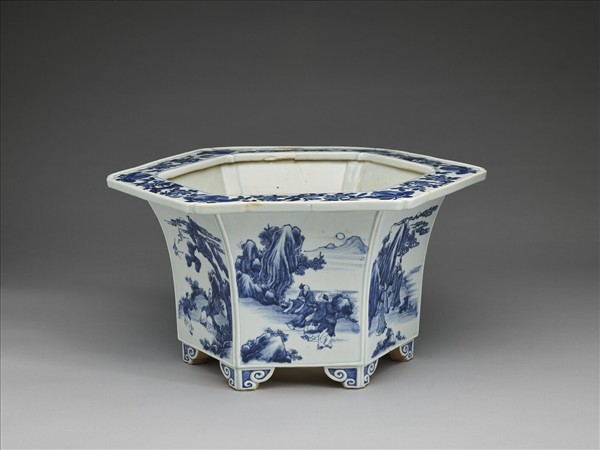 青花山水人物圖六方花盆