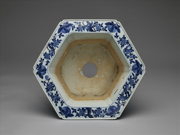 青花山水人物圖六方花盆