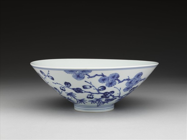 青花歲寒三友圖斗笠碗