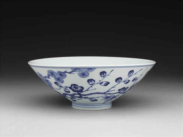 青花歲寒三友圖斗笠碗