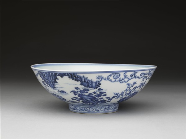 青花山水仕女圖碗