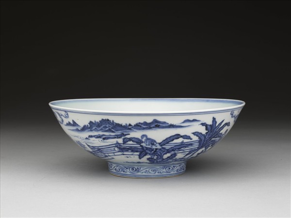 青花山水仕女圖碗