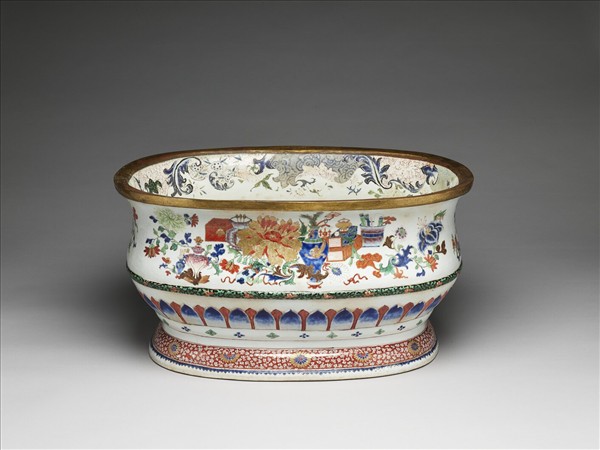 五彩博古圖橢圓盆