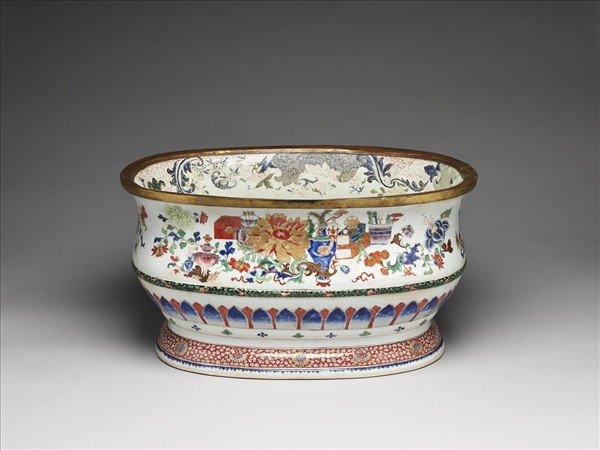五彩博古圖橢圓盆