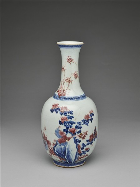 青花釉裡紅花鳥紋長頸瓶
