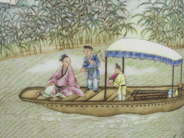 洋彩泛舟煮茶圖瓶