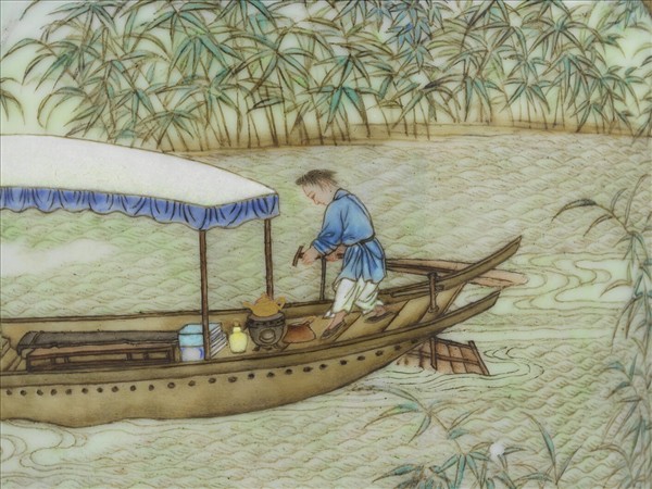 洋彩泛舟煮茶圖瓶