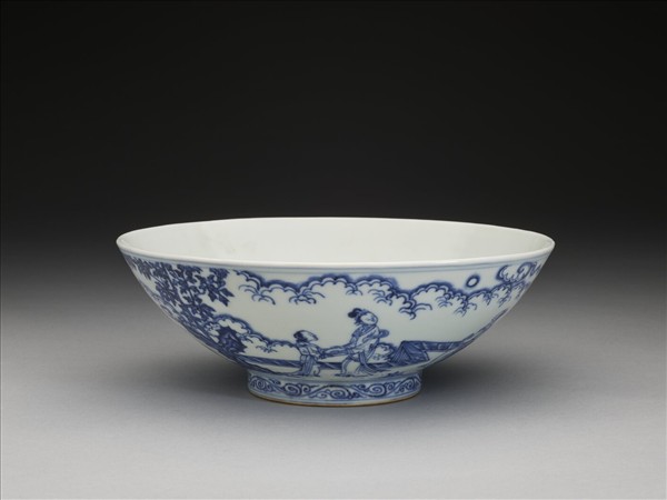 青花山水仕女圖碗