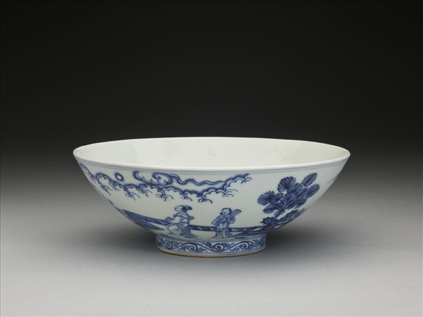 青花山水仕女圖碗