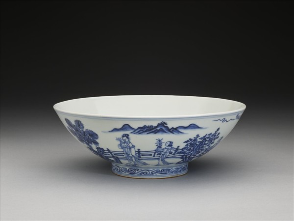 青花山水仕女圖碗