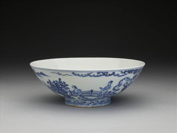 青花山水仕女圖碗