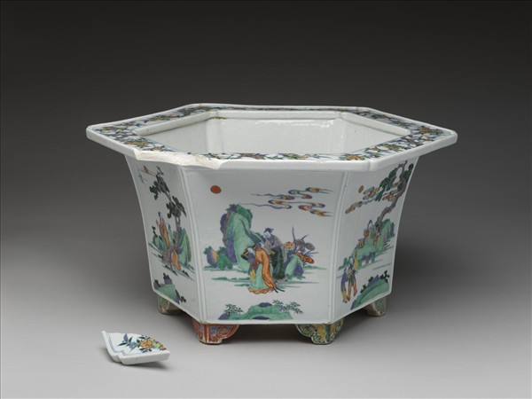 五彩山水人物圖六方花盆