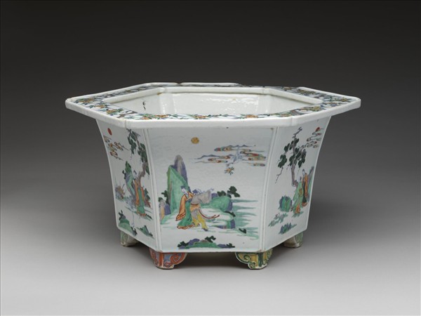 五彩山水人物圖六方花盆