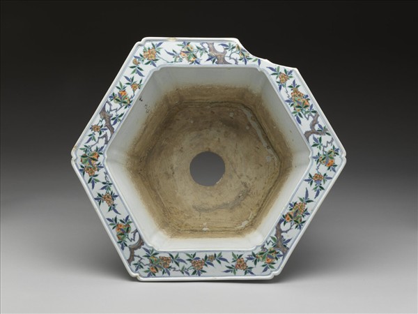 五彩山水人物圖六方花盆