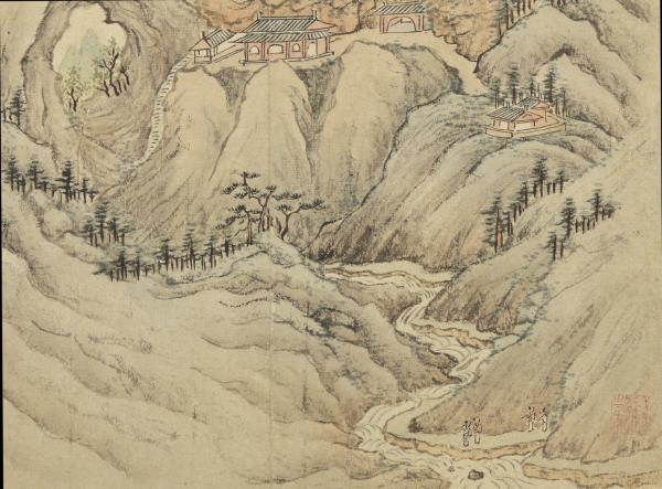 明錢穀白嶽遊圖　冊　石橋巖