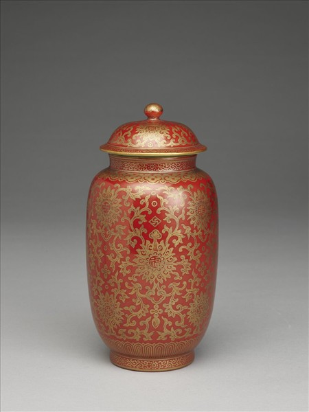 描金萬福連連紅地茶葉罐