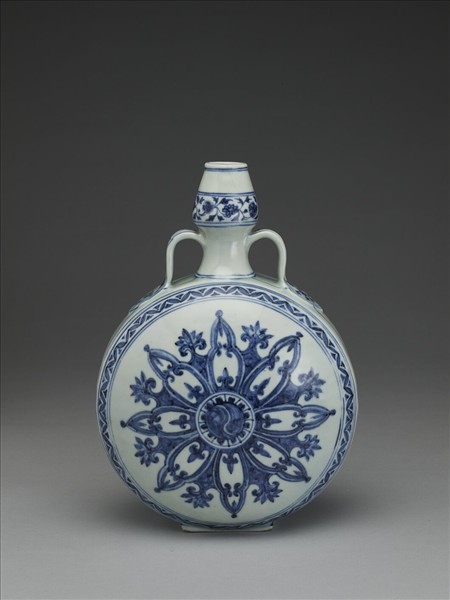 青花幾何花卉紋葫蘆扁壺