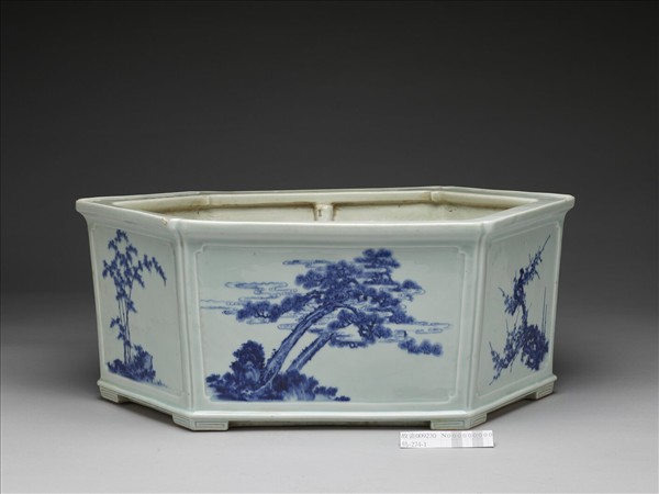 青花歲寒三友圖六方花盆