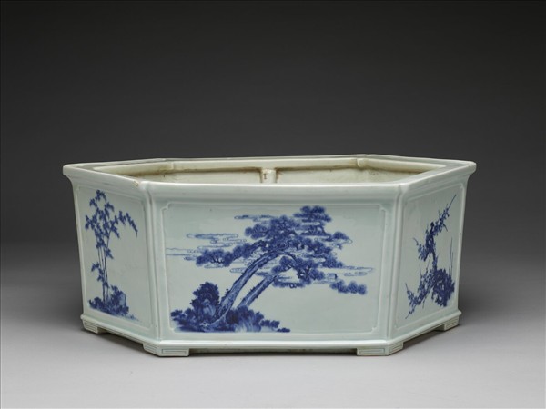 青花歲寒三友圖六方花盆