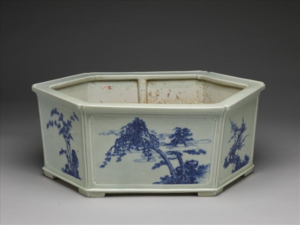 青花歲寒三友圖六方花盆