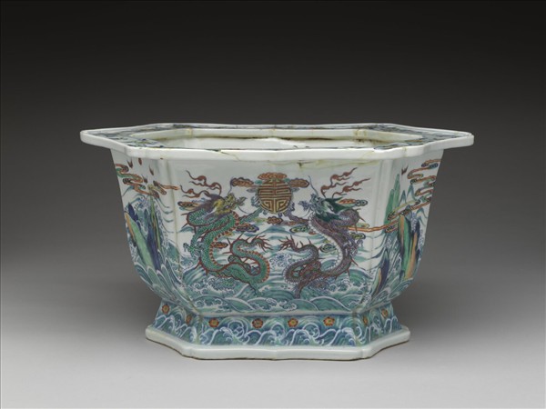 鬥彩福壽紋六方花盆