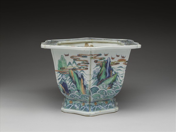 鬥彩福壽紋六方花盆