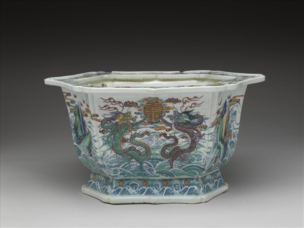 鬥彩福壽紋六方花盆