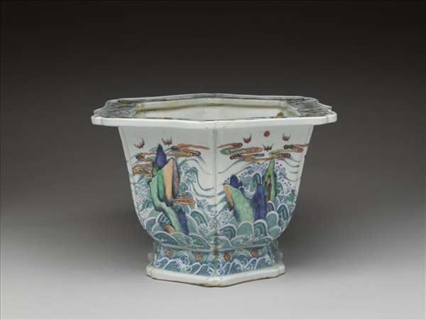 鬥彩福壽紋六方花盆