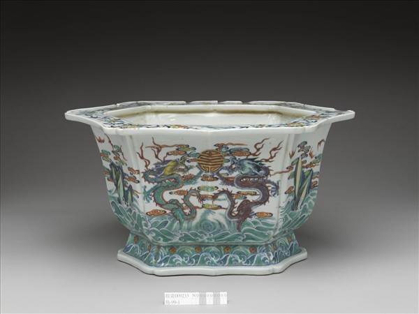 鬥彩福壽紋六方花盆