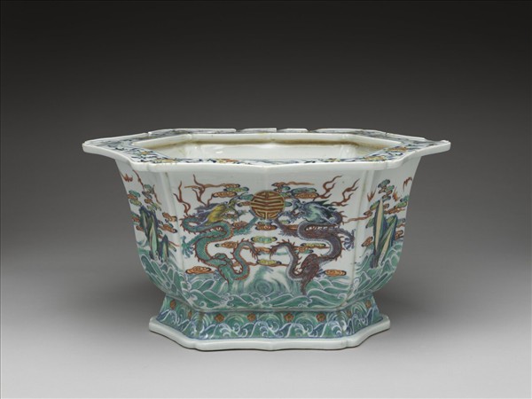 鬥彩福壽紋六方花盆