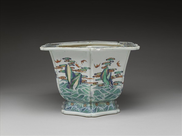 鬥彩福壽紋六方花盆