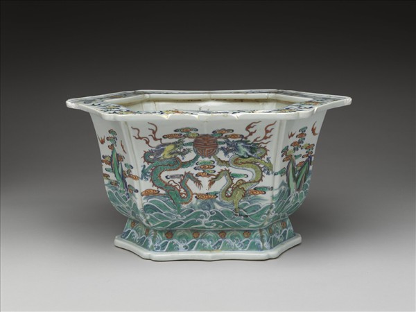 鬥彩福壽紋六方花盆