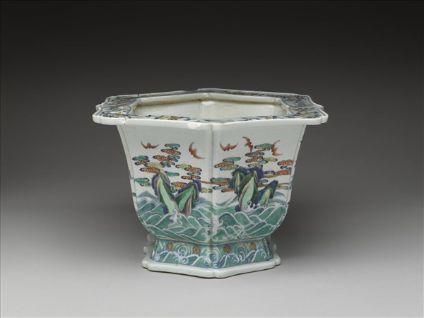 鬥彩福壽紋六方花盆