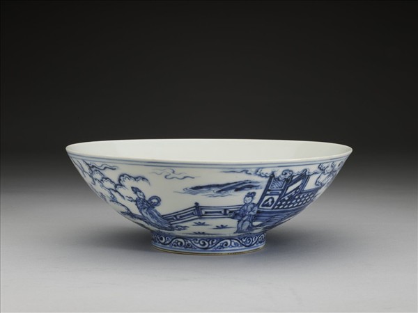 青花山水仕女圖碗