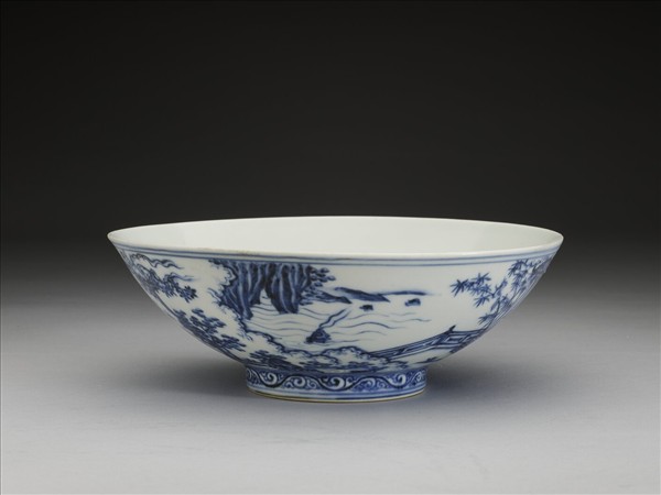 青花山水仕女圖碗