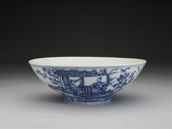 青花山水仕女圖碗