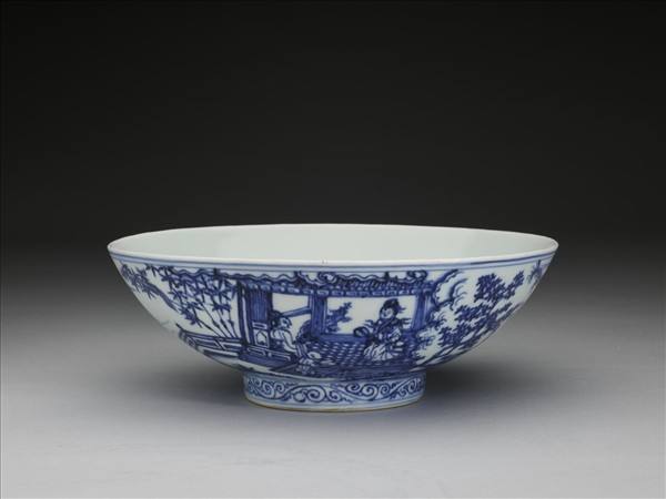 青花山水仕女圖碗